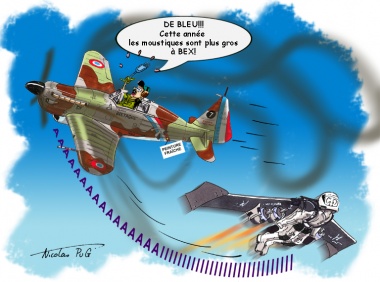Daniel croise le fer avec Yves Rossy et son aile volante dans le ciel de Bex. Dessin N. Pug